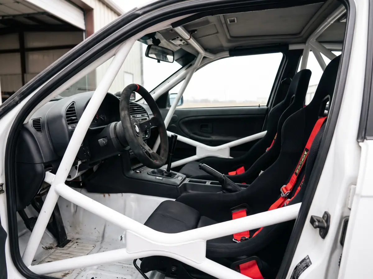 Through the open driver door: suede wheel, two bucket seats, red harnesses, white cage.