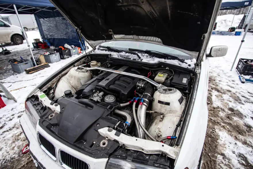 Engine bay of the E36, hood up, in a forest service park.